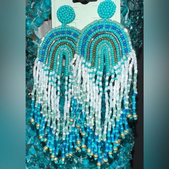 Western Seed Beads Fringe Earrings Long Cowboy Cowgirl Teal Aqua Blue Waterfall - Picture 4 of 4